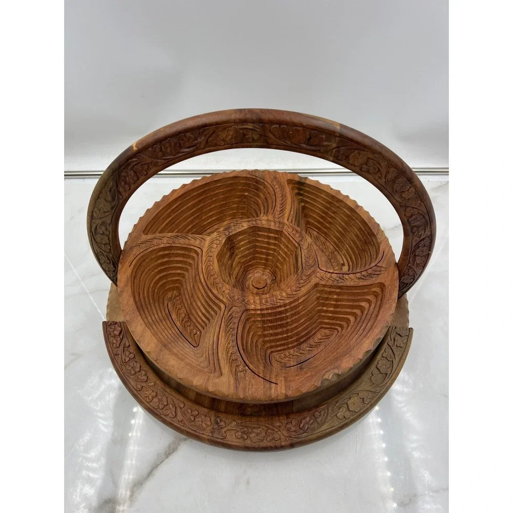 Hand Carved Collapsible Wooden Fruit Basket Spiral Design 5 Compartment Trivet